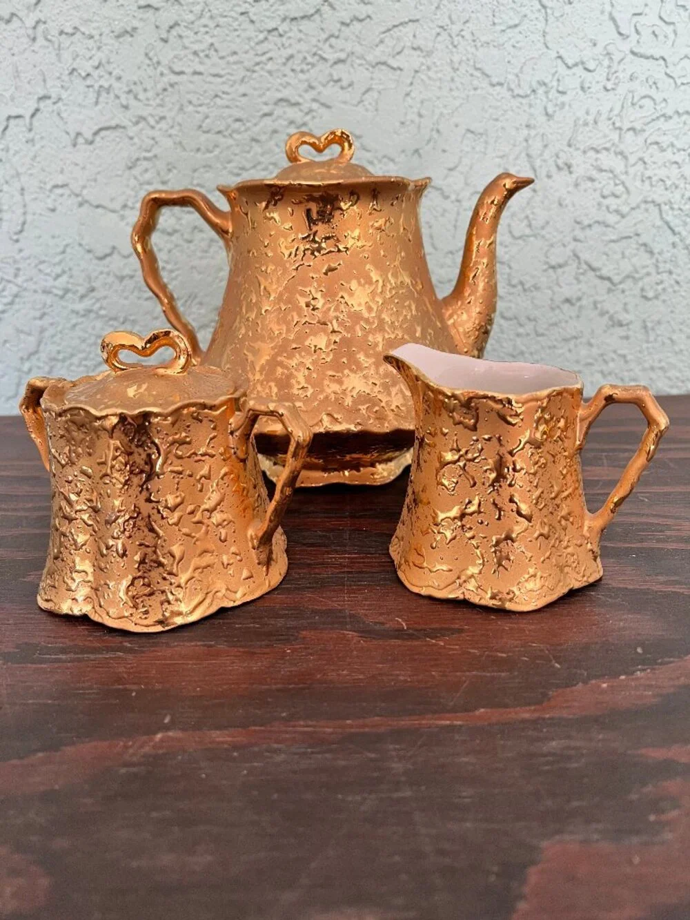 * MINT* Vintage Holley Ross Weeping 22K Gold Tea Set: Teapot, Creamer & Sugar